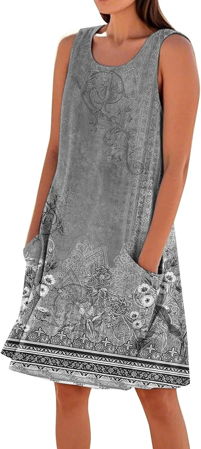 Summer Dresses for Women 2025 Sleeveless Beach T Shirt Dress Loose Casual Tank Dress U Neck Sundresses with Pockets