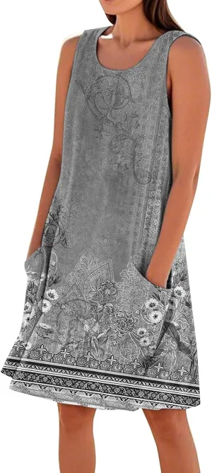 Summer Dresses for Women 2025 Sleeveless Beach T Shirt Dress Loose Casual Tank Dress U Neck Sundresses with Pockets