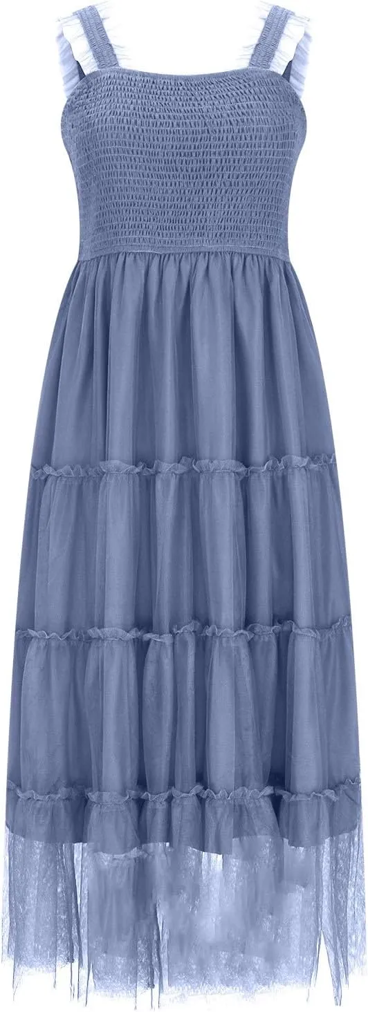 Summer Dresses for Women 2025 Square Neck Puff Sleeve Smocked Wedding Guest Maxi Dress Tiered Flowy Spring Fall Dress