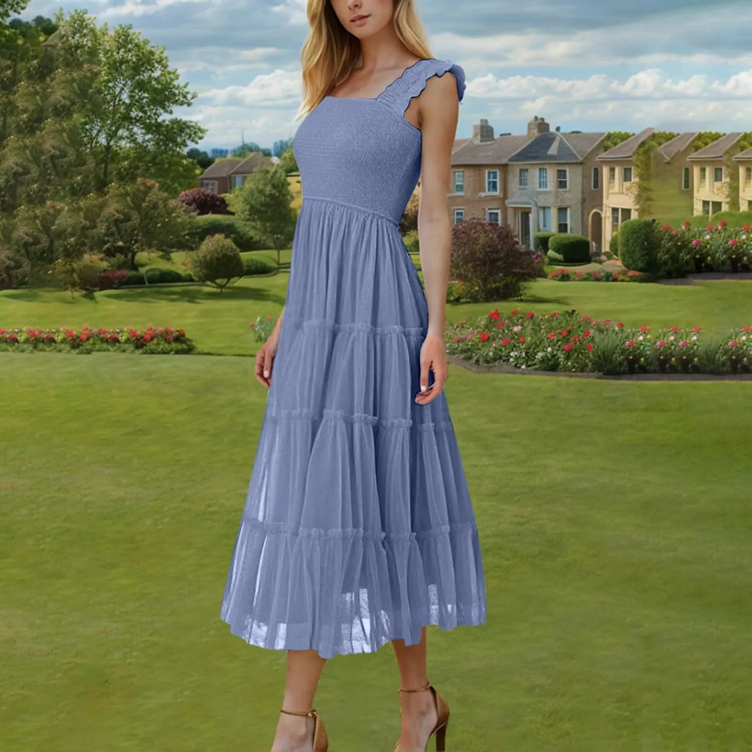Summer Dresses for Women 2025 Square Neck Puff Sleeve Smocked Wedding Guest Maxi Dress Tiered Flowy Spring Fall Dress