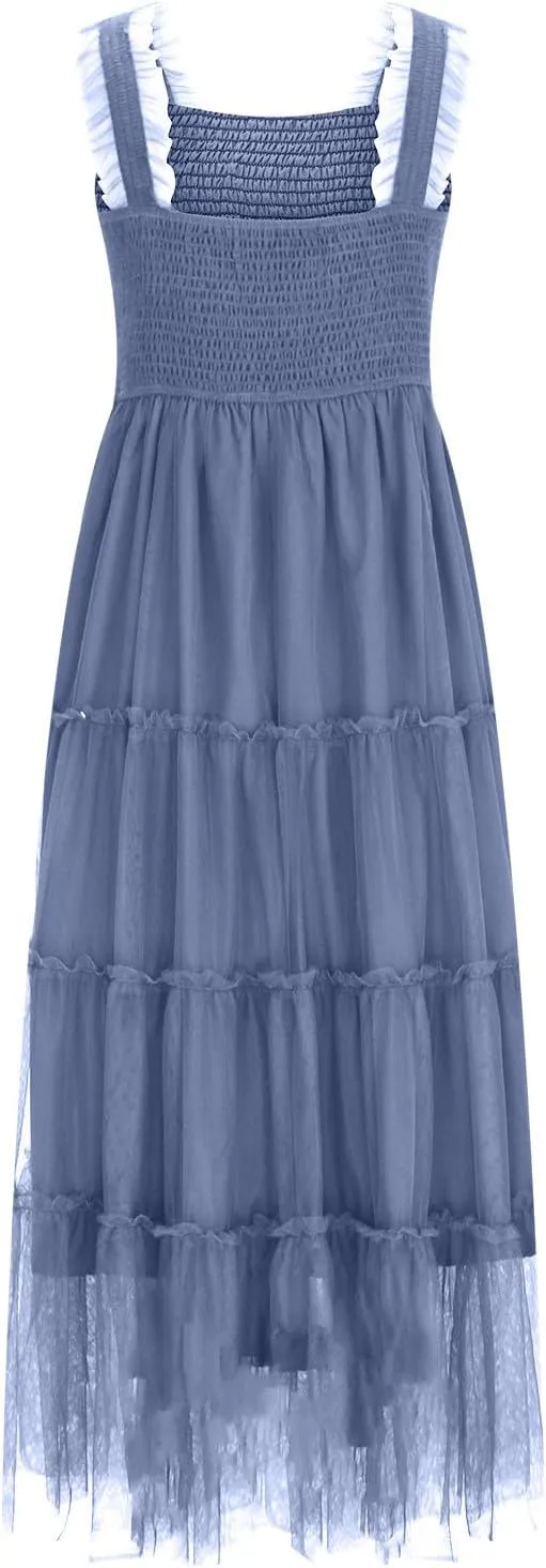 Summer Dresses for Women 2025 Square Neck Puff Sleeve Smocked Wedding Guest Maxi Dress Tiered Flowy Spring Fall Dress