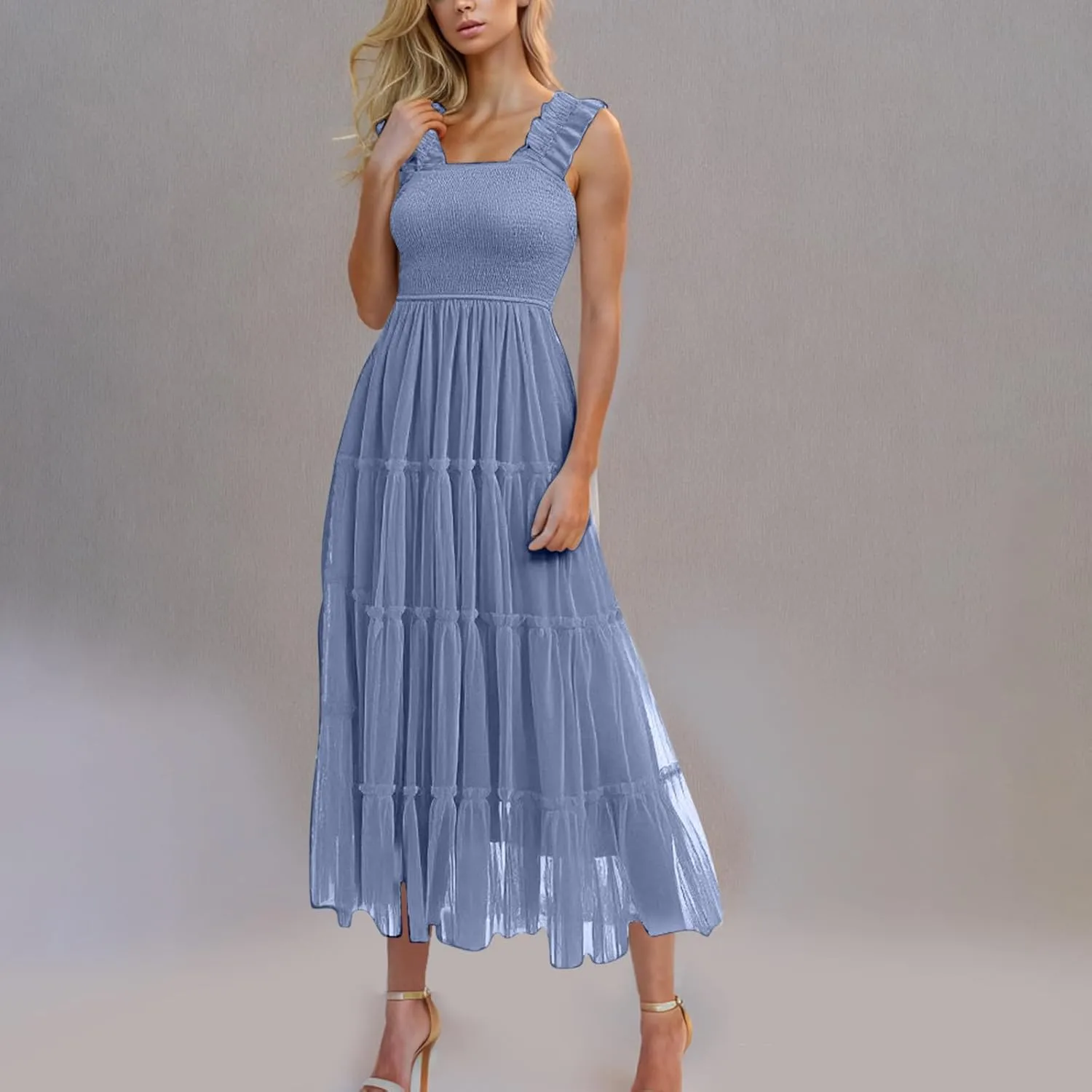 Summer Dresses for Women 2025 Square Neck Puff Sleeve Smocked Wedding Guest Maxi Dress Tiered Flowy Spring Fall Dress