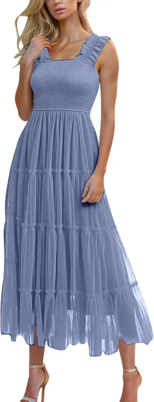 Summer Dresses for Women 2025 Square Neck Puff Sleeve Smocked Wedding Guest Maxi Dress Tiered Flowy Spring Fall Dress
