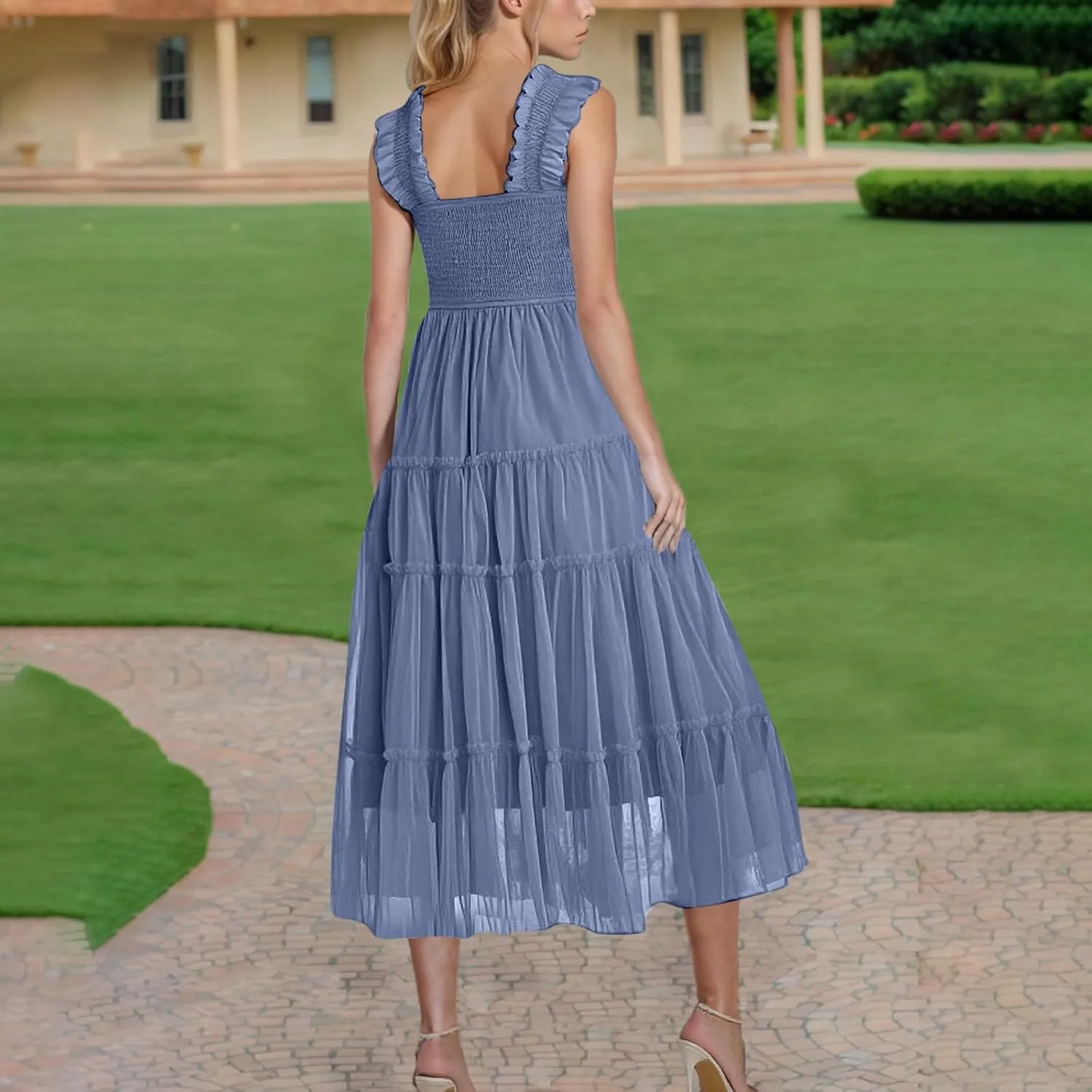 Summer Dresses for Women 2025 Square Neck Puff Sleeve Smocked Wedding Guest Maxi Dress Tiered Flowy Spring Fall Dress
