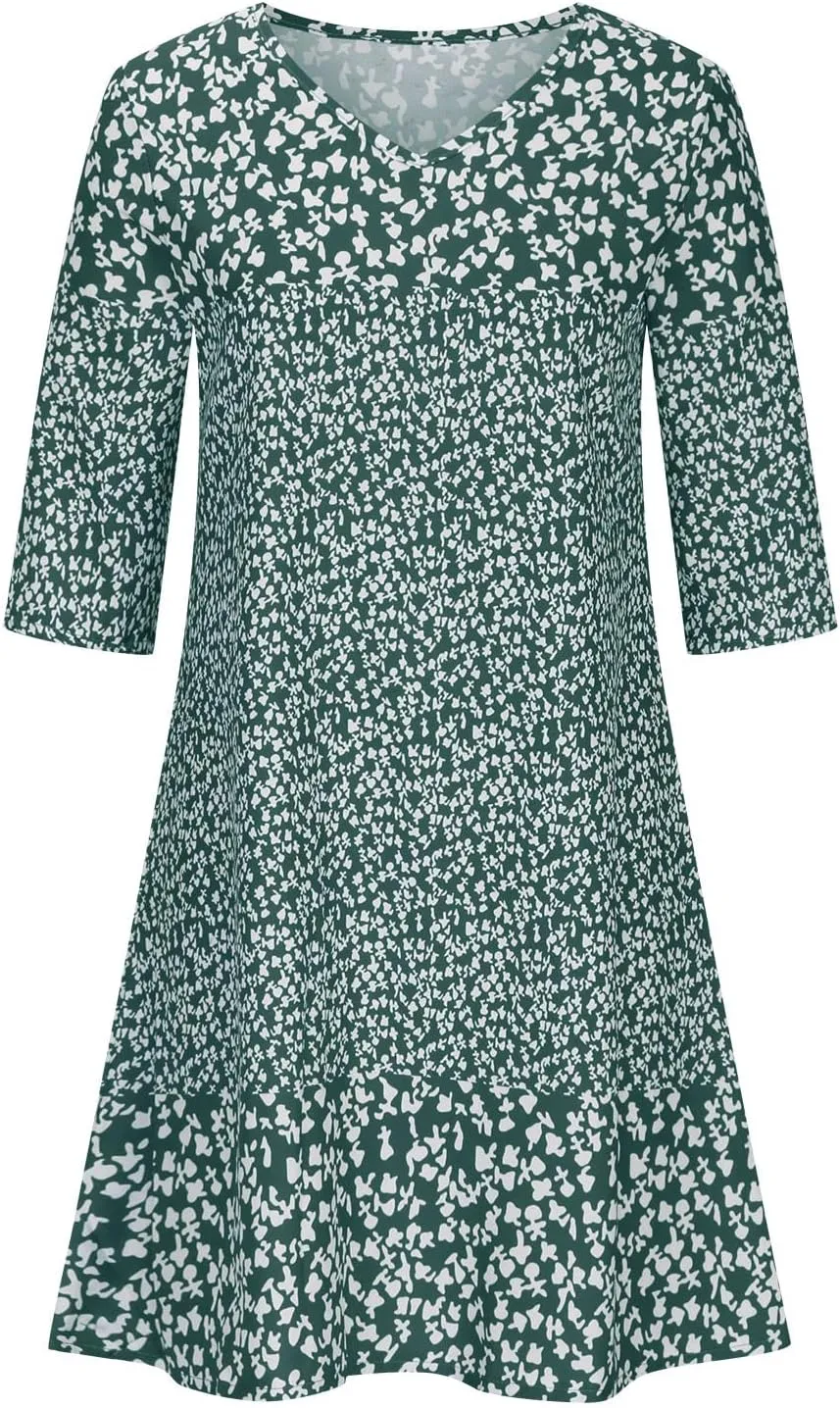 Summer Dresses for Women 2025 Vacation Floral Print 3/4 Sleeve V Neck Dress Comfy Lightweight Casual Fashion Dress