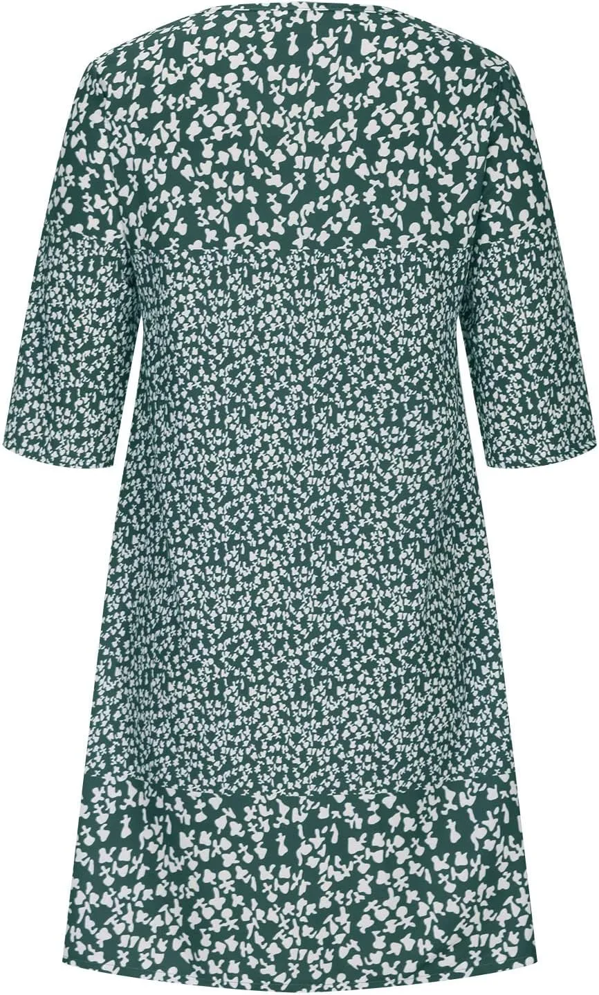 Summer Dresses for Women 2025 Vacation Floral Print 3/4 Sleeve V Neck Dress Comfy Lightweight Casual Fashion Dress