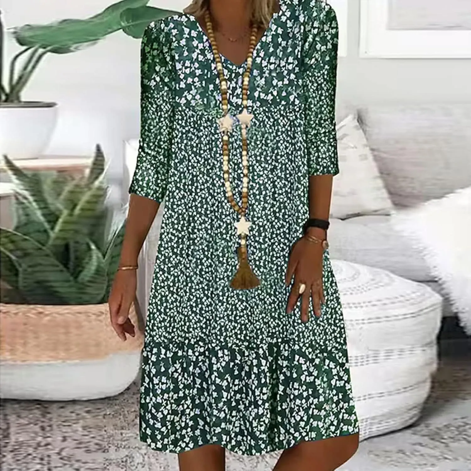 Summer Dresses for Women 2025 Vacation Floral Print 3/4 Sleeve V Neck Dress Comfy Lightweight Casual Fashion Dress