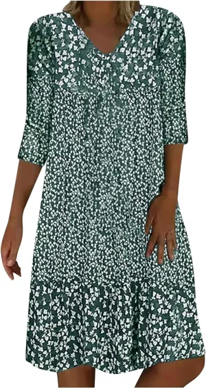 Summer Dresses for Women 2025 Vacation Floral Print 3/4 Sleeve V Neck Dress Comfy Lightweight Casual Fashion Dress