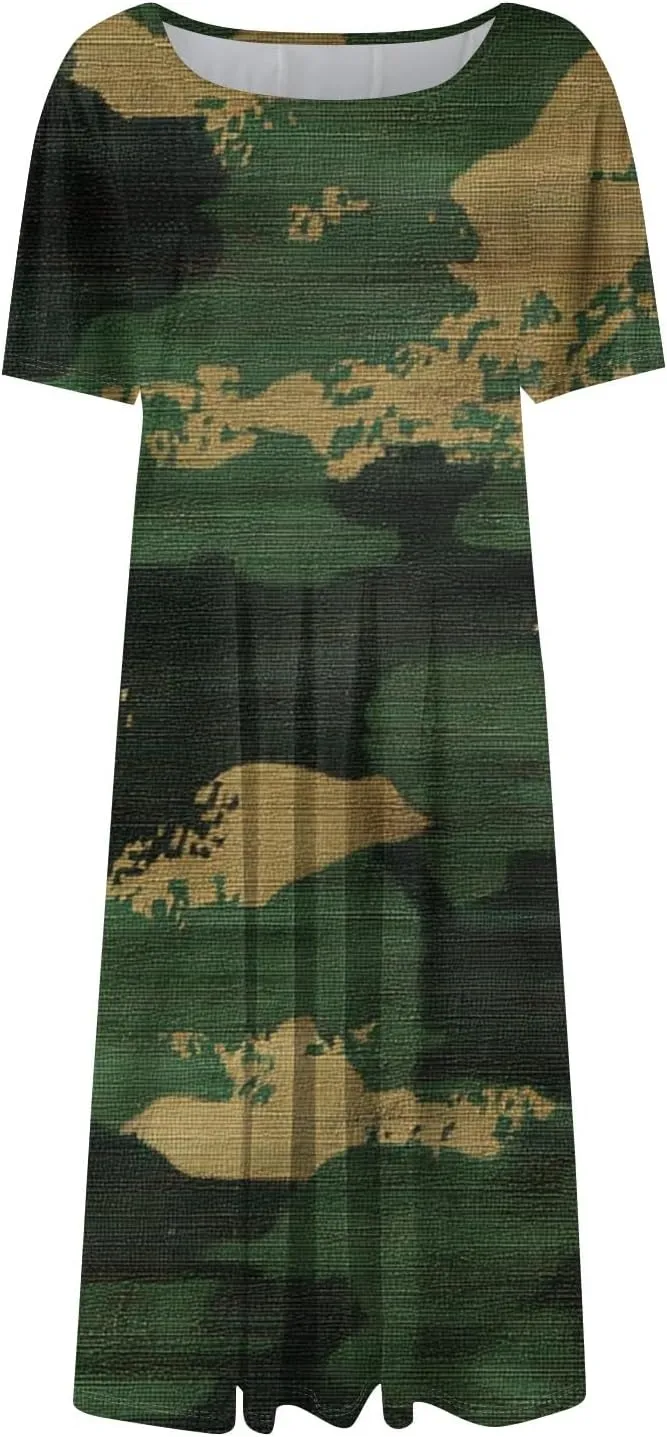 Summer Dresses for Women Beach Aline Midi Dresses Casual Flowy Tshirt Dress Floral Short Sleeve Dress with Pockets