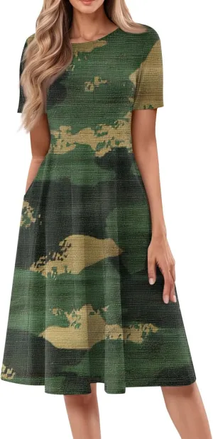 Summer Dresses for Women Beach Aline Midi Dresses Casual Flowy Tshirt Dress Floral Short Sleeve Dress with Pockets