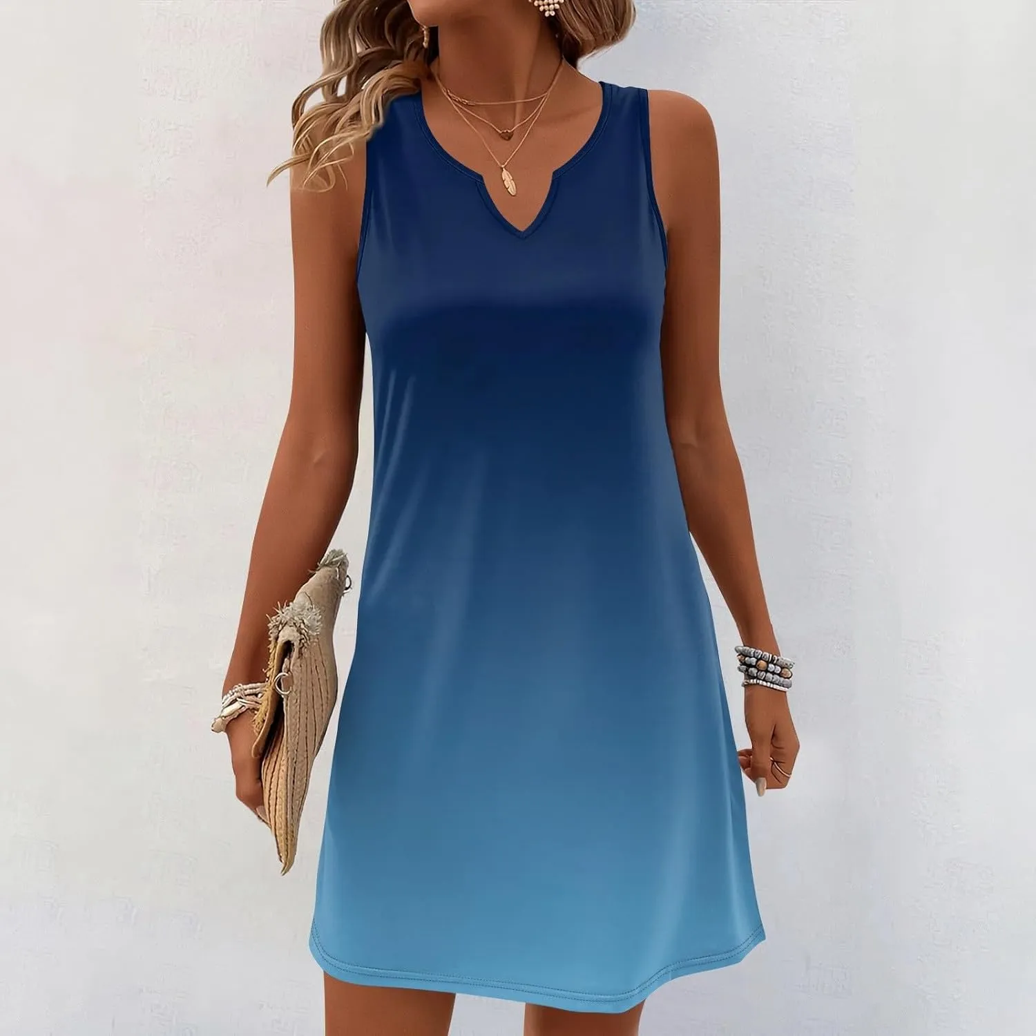 Summer Dresses for Women V-Neck Sundresses Sleeveless Loose Sleep Dress Beach Tank Dress Printed Casual T Shirt Dresses