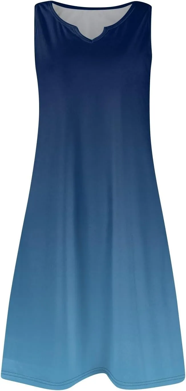 Summer Dresses for Women V-Neck Sundresses Sleeveless Loose Sleep Dress Beach Tank Dress Printed Casual T Shirt Dresses