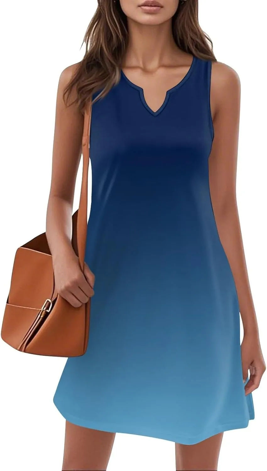 Summer Dresses for Women V-Neck Sundresses Sleeveless Loose Sleep Dress Beach Tank Dress Printed Casual T Shirt Dresses