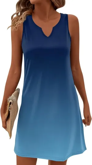 Summer Dresses for Women V-Neck Sundresses Sleeveless Loose Sleep Dress Beach Tank Dress Printed Casual T Shirt Dresses