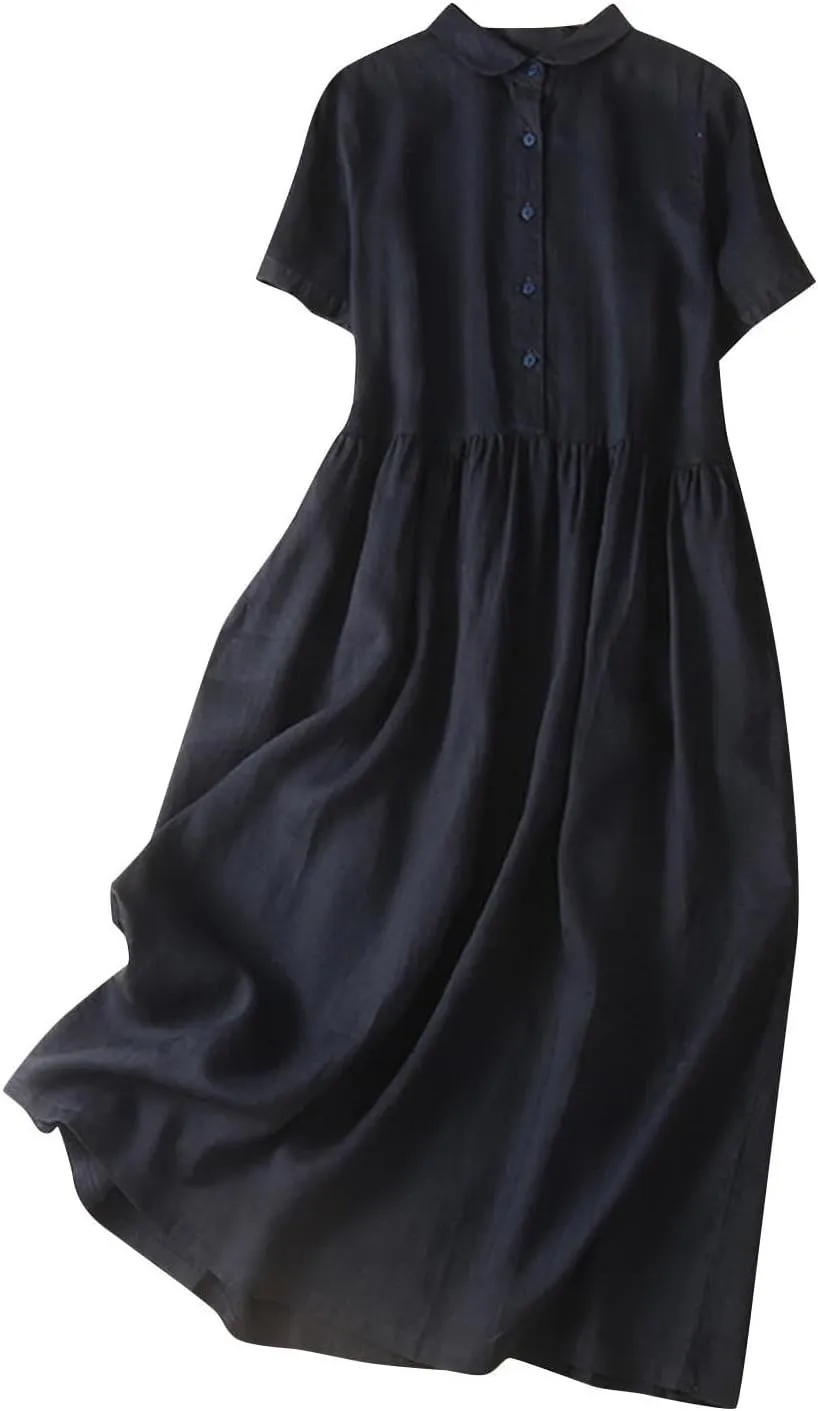Summer Plus Size Cotton Linen Solid Dresses for Women Short Sleeve Crew Neck Loose Midi Dress