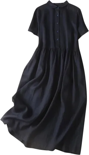 Summer Plus Size Cotton Linen Solid Dresses for Women Short Sleeve Crew Neck Loose Midi Dress