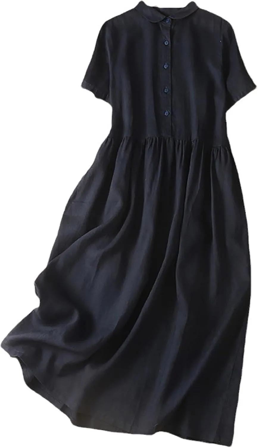 Summer Plus Size Cotton Linen Solid Dresses for Women Short Sleeve Crew Neck Loose Midi Dress