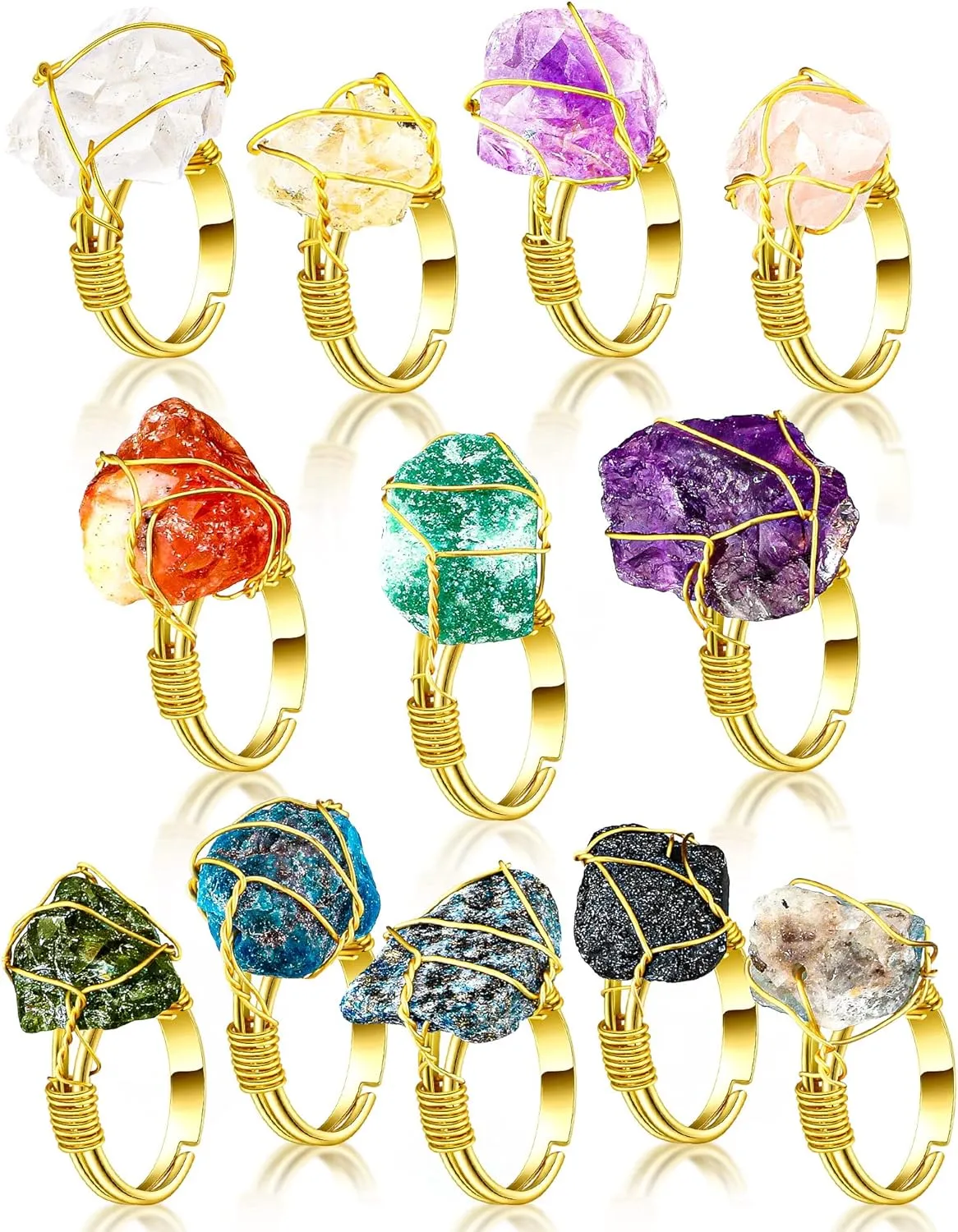 Sureio 12 Pieces Chakra Crystal Ring Healing Crystal Adjustable Gemstone Irregular Stone Rings for Women Colorful Gem Copper Wire Wrap Ring for Women, Gold Ring