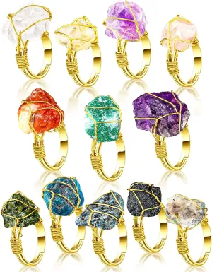 Sureio 12 Pieces Chakra Crystal Ring Healing Crystal Adjustable Gemstone Irregular Stone Rings for Women Colorful Gem Copper Wire Wrap Ring for Women, Gold Ring