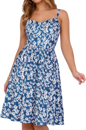 Sureple Women's Corset Summer Casual Dresses Spaghetti Strap Knee Length Sleeveless Swing Aline Sundress with Pockets