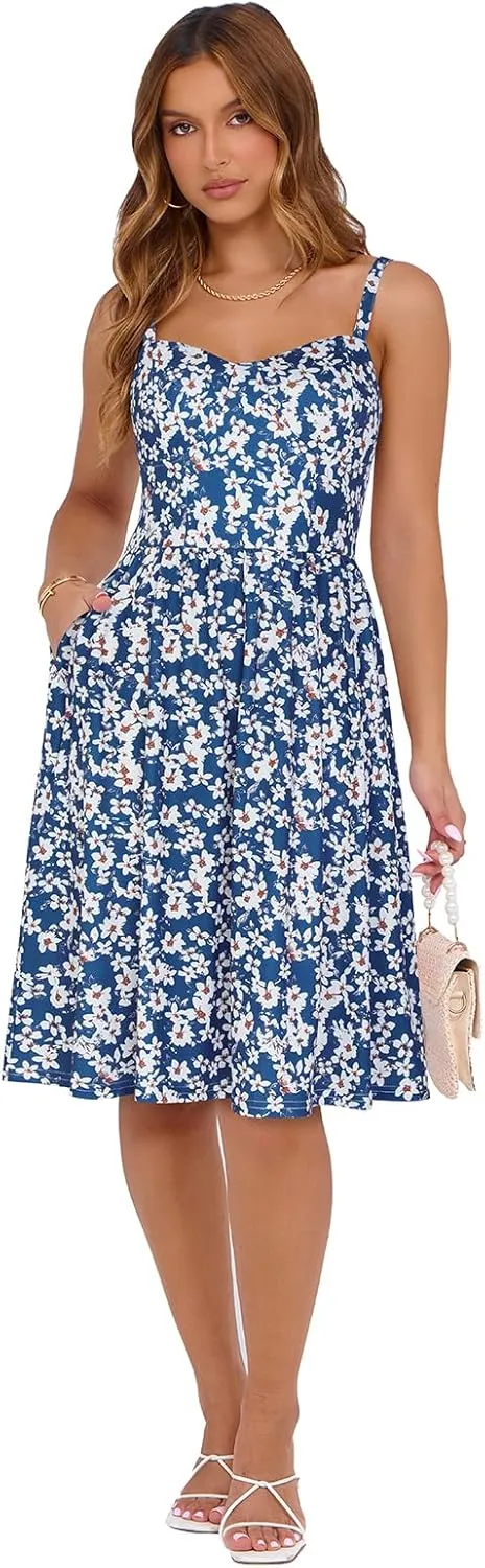 Sureple Women's Corset Summer Casual Dresses Spaghetti Strap Knee Length Sleeveless Swing Aline Sundress with Pockets