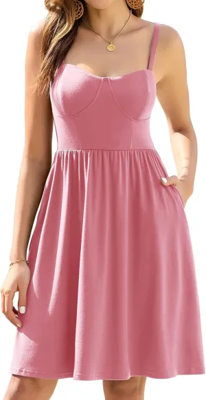 Sureple Women's Corset Summer Casual Dresses Spaghetti Strap Knee Length Sleeveless Swing Aline Sundress with Pockets