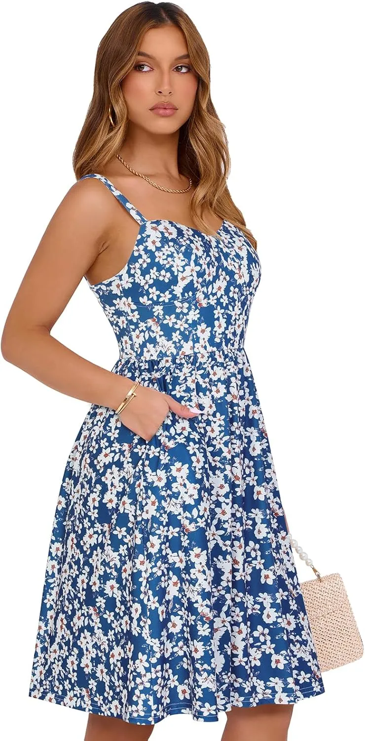 Sureple Women's Corset Summer Casual Dresses Spaghetti Strap Knee Length Sleeveless Swing Aline Sundress with Pockets