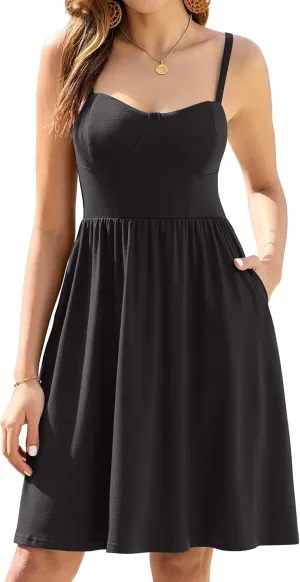 Sureple Women's Corset Summer Casual Dresses Spaghetti Strap Knee Length Sleeveless Swing Aline Sundress with Pockets