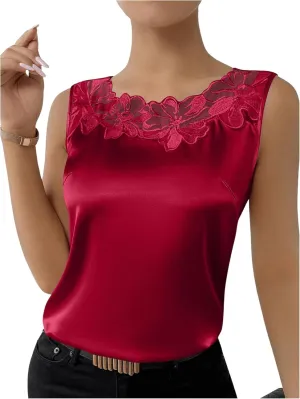 SweatyRocks Women's Satin Contrast Lace Crew Neck Sleeveless Blouse Appliques Summer Tank Tops