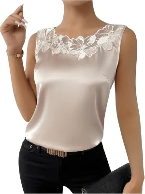 SweatyRocks Women's Satin Contrast Lace Crew Neck Sleeveless Blouse Appliques Summer Tank Tops
