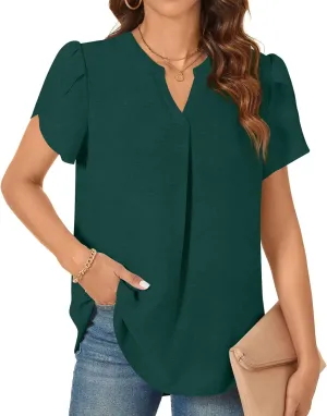 TAOHUADAO Womens Dressy Chiffon Blouses Summer Casual T-Shirts Petal Short Sleeve V Neck Tunic Tops for Leggings