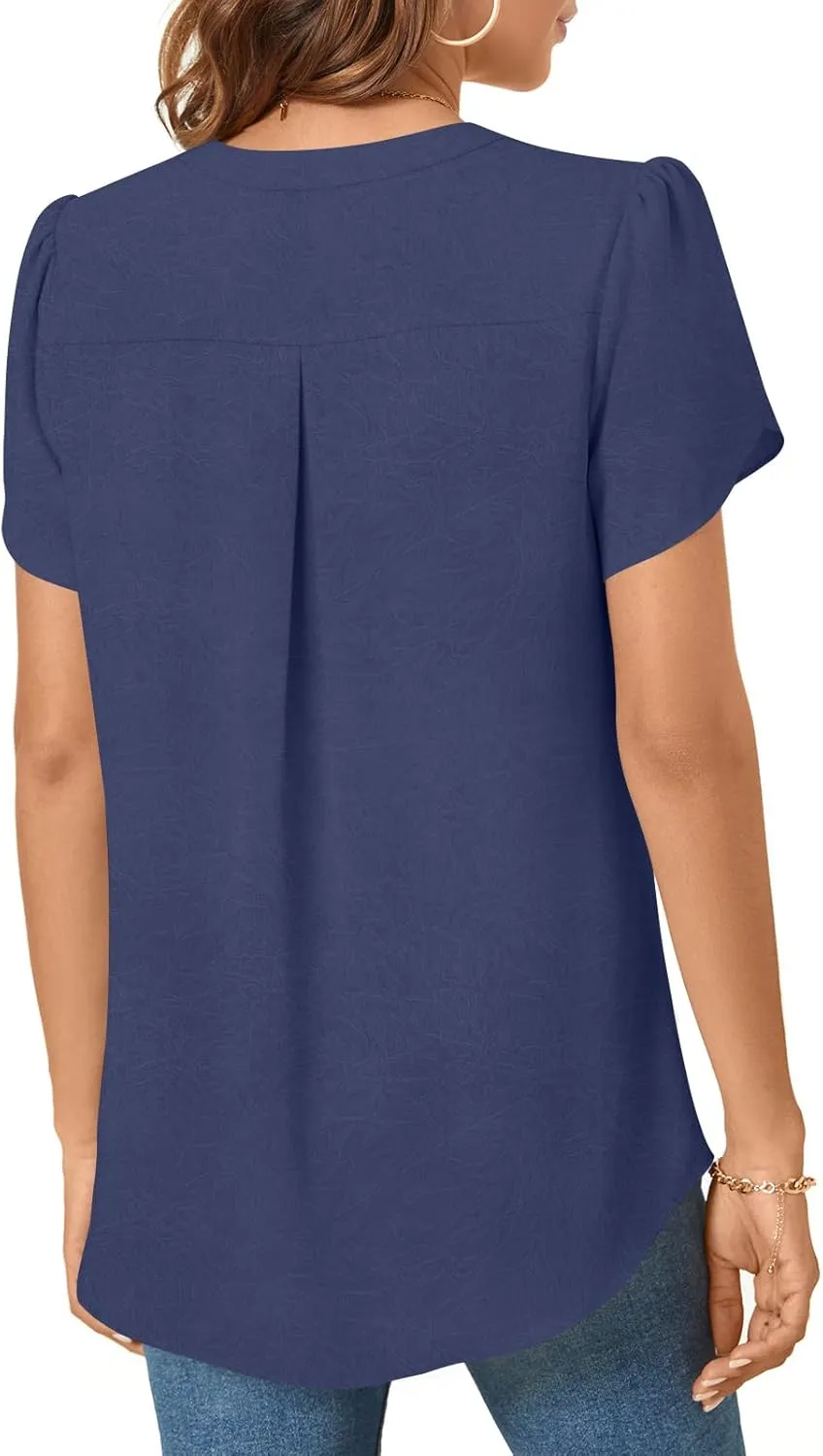 TAOHUADAO Womens Dressy Chiffon Blouses Summer Casual T-Shirts Petal Short Sleeve V Neck Tunic Tops for Leggings