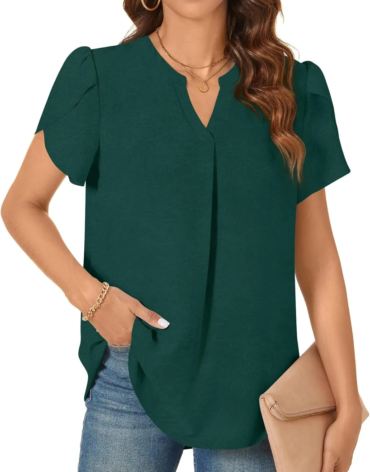 TAOHUADAO Womens Dressy Chiffon Blouses Summer Casual T-Shirts Petal Short Sleeve V Neck Tunic Tops for Leggings