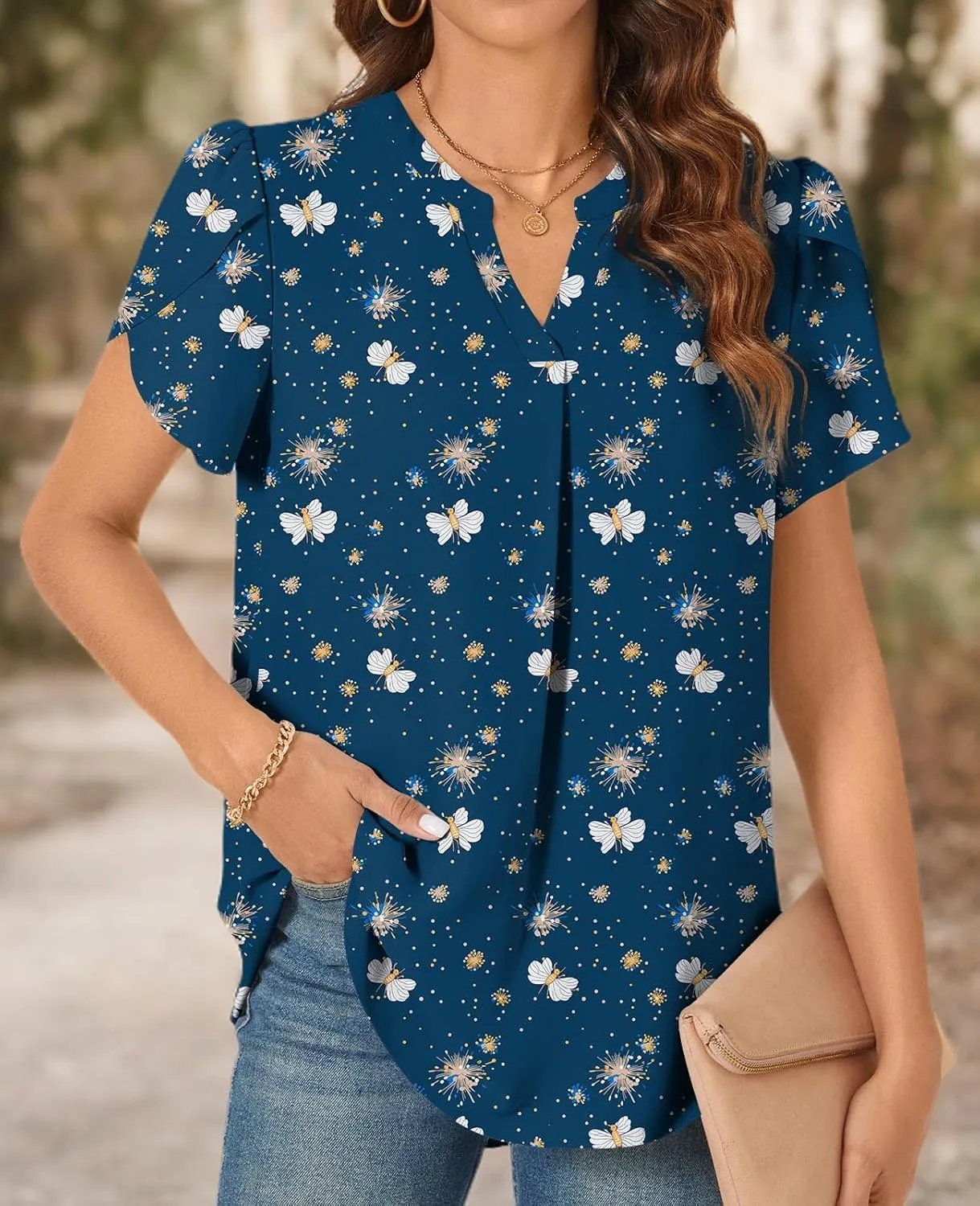 TAOHUADAO Womens Dressy Chiffon Blouses Summer Casual T-Shirts Petal Short Sleeve V Neck Tunic Tops for Leggings