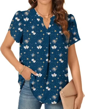 TAOHUADAO Womens Dressy Chiffon Blouses Summer Casual T-Shirts Petal Short Sleeve V Neck Tunic Tops for Leggings