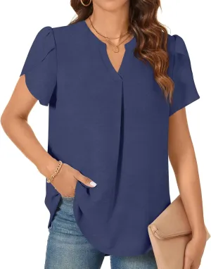 TAOHUADAO Womens Dressy Chiffon Blouses Summer Casual T-Shirts Petal Short Sleeve V Neck Tunic Tops for Leggings