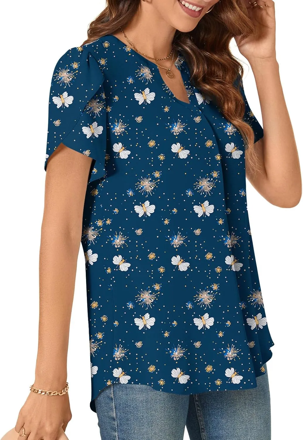TAOHUADAO Womens Dressy Chiffon Blouses Summer Casual T-Shirts Petal Short Sleeve V Neck Tunic Tops for Leggings