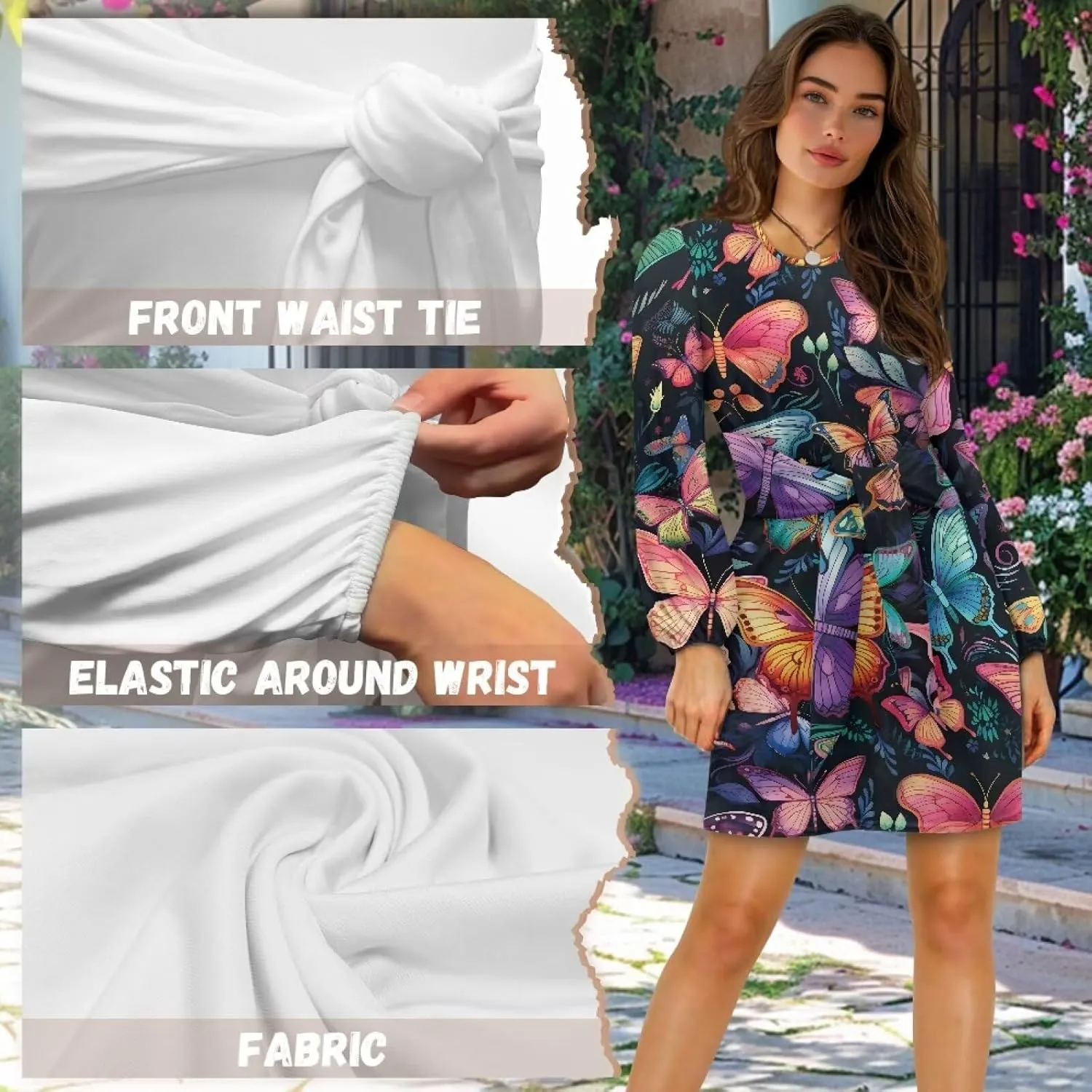 TODIYADDU Womens Long Sleeve Dress for Women Long Sleeve Tie Waist Elegant Cocktail Party Mini Fall Dresses Gifts Size S-XL