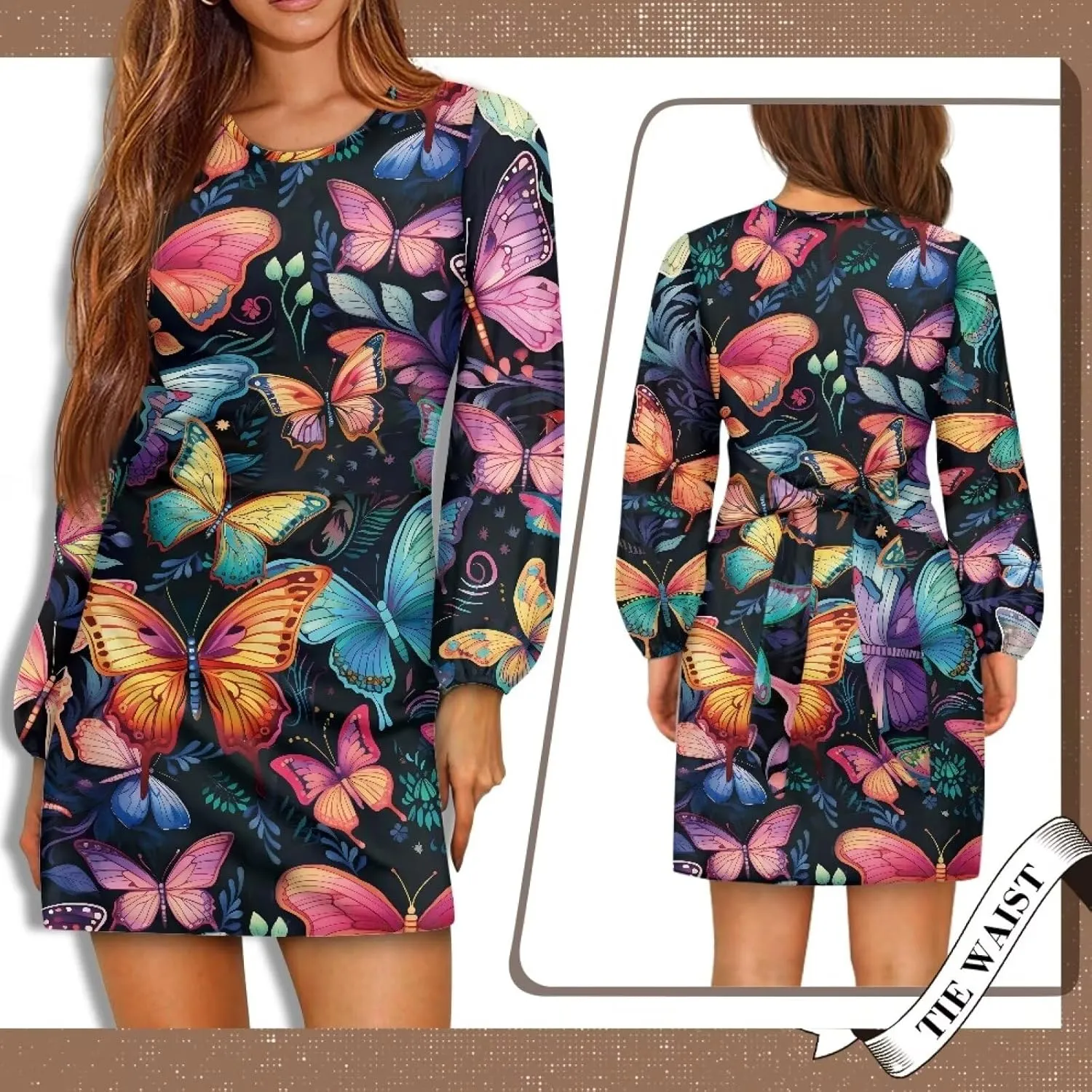 TODIYADDU Womens Long Sleeve Dress for Women Long Sleeve Tie Waist Elegant Cocktail Party Mini Fall Dresses Gifts Size S-XL