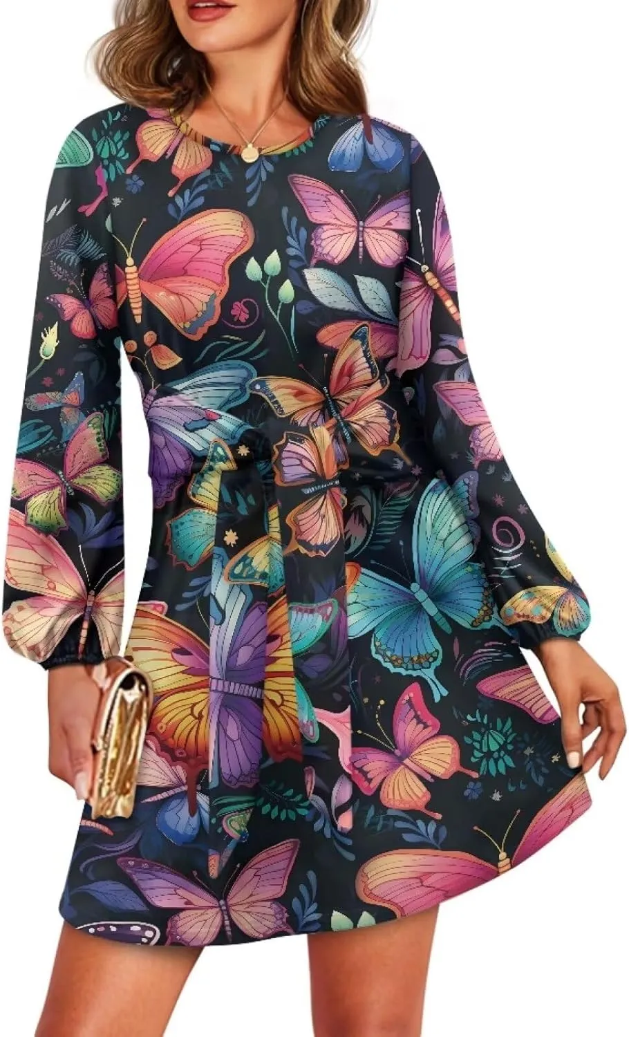 TODIYADDU Womens Long Sleeve Dress for Women Long Sleeve Tie Waist Elegant Cocktail Party Mini Fall Dresses Gifts Size S-XL