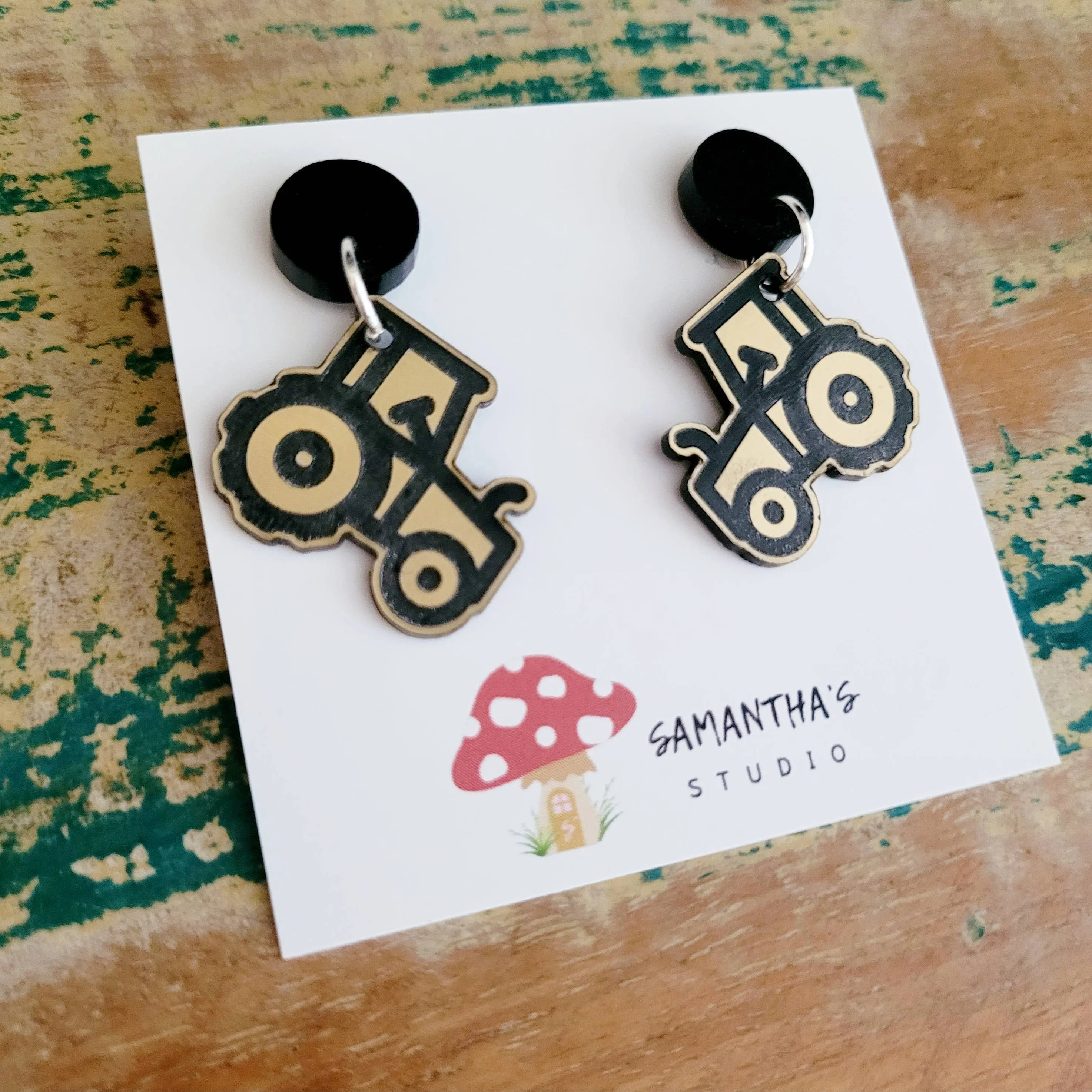 Tractor Dangle earrings Gold & Black, Country farming