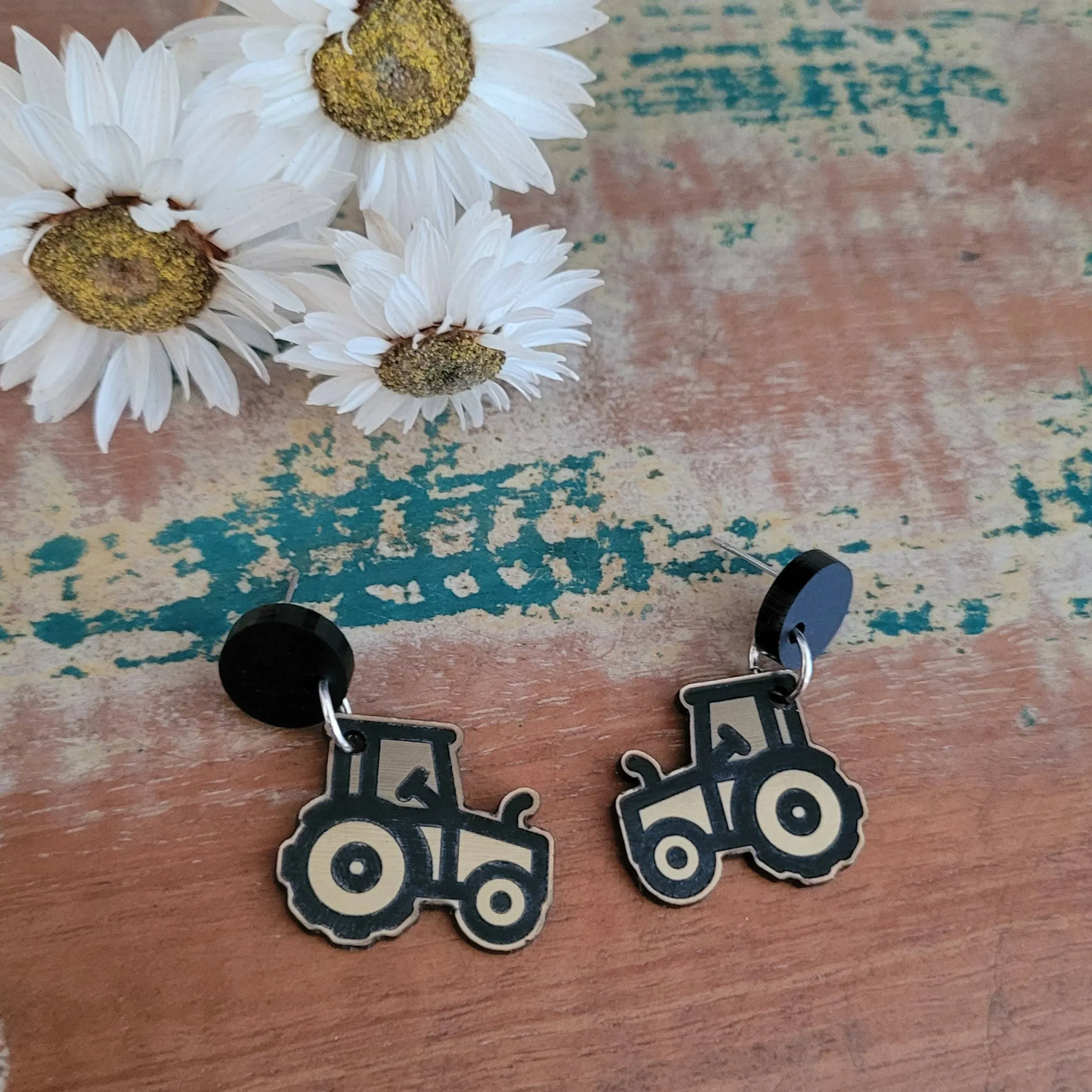 Tractor Dangle earrings Gold & Black, Country farming