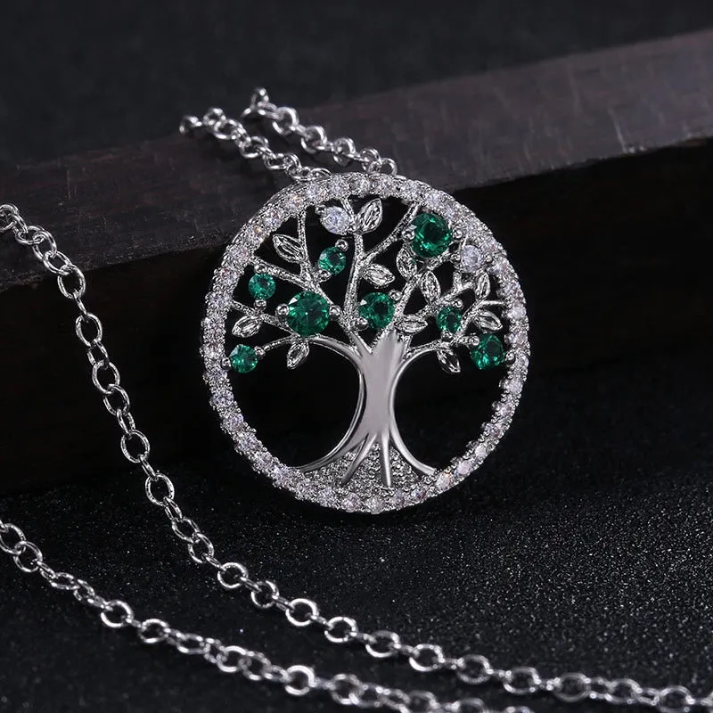 Tree of Life Zircon Round Pendant Necklace Women Jewelry Purple Green Crystal Vintage Charm Necklaces