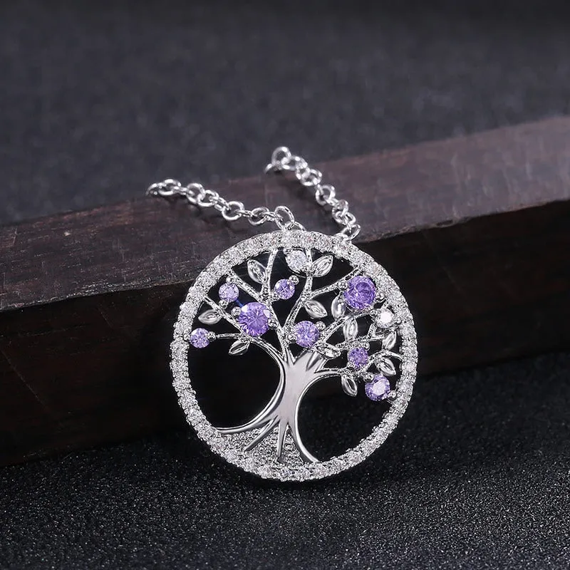 Tree of Life Zircon Round Pendant Necklace Women Jewelry Purple Green Crystal Vintage Charm Necklaces