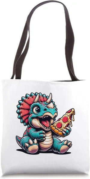 Triceratops Eating Pizza Cute Dinosaur Funny Tote Bag