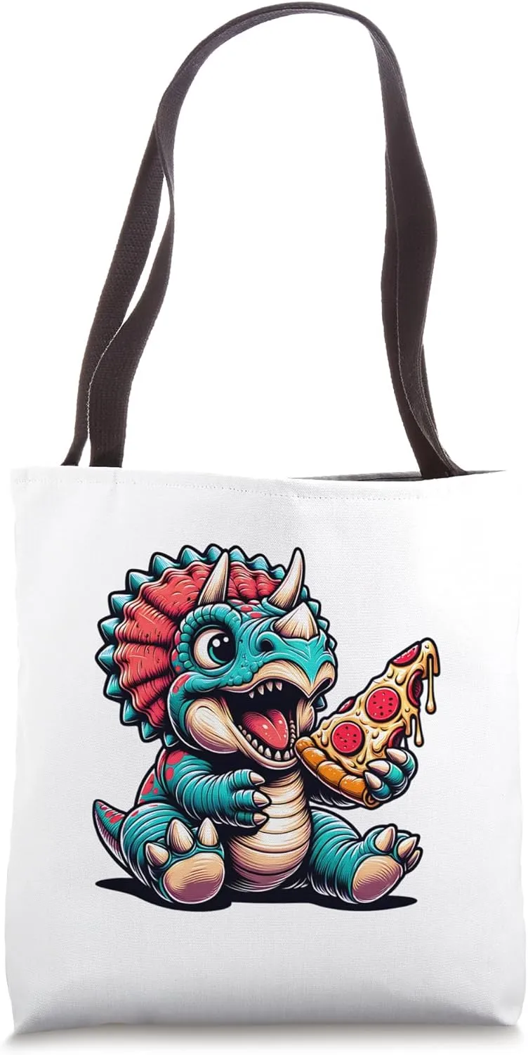 Triceratops Eating Pizza Cute Dinosaur Funny Tote Bag