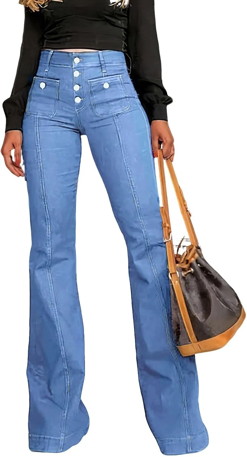utcoco Womens 2025 High Waist Jeans Retro Button Denim Trouser Elegant Flare Jeans