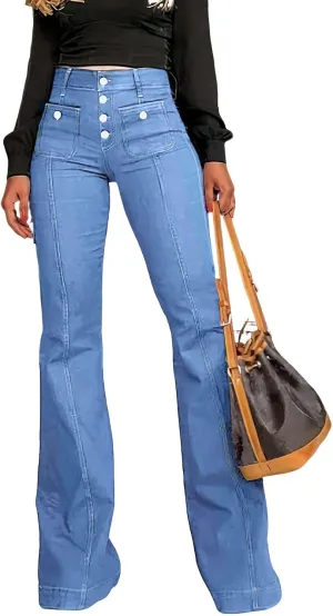 utcoco Womens 2025 High Waist Jeans Retro Button Denim Trouser Elegant Flare Jeans
