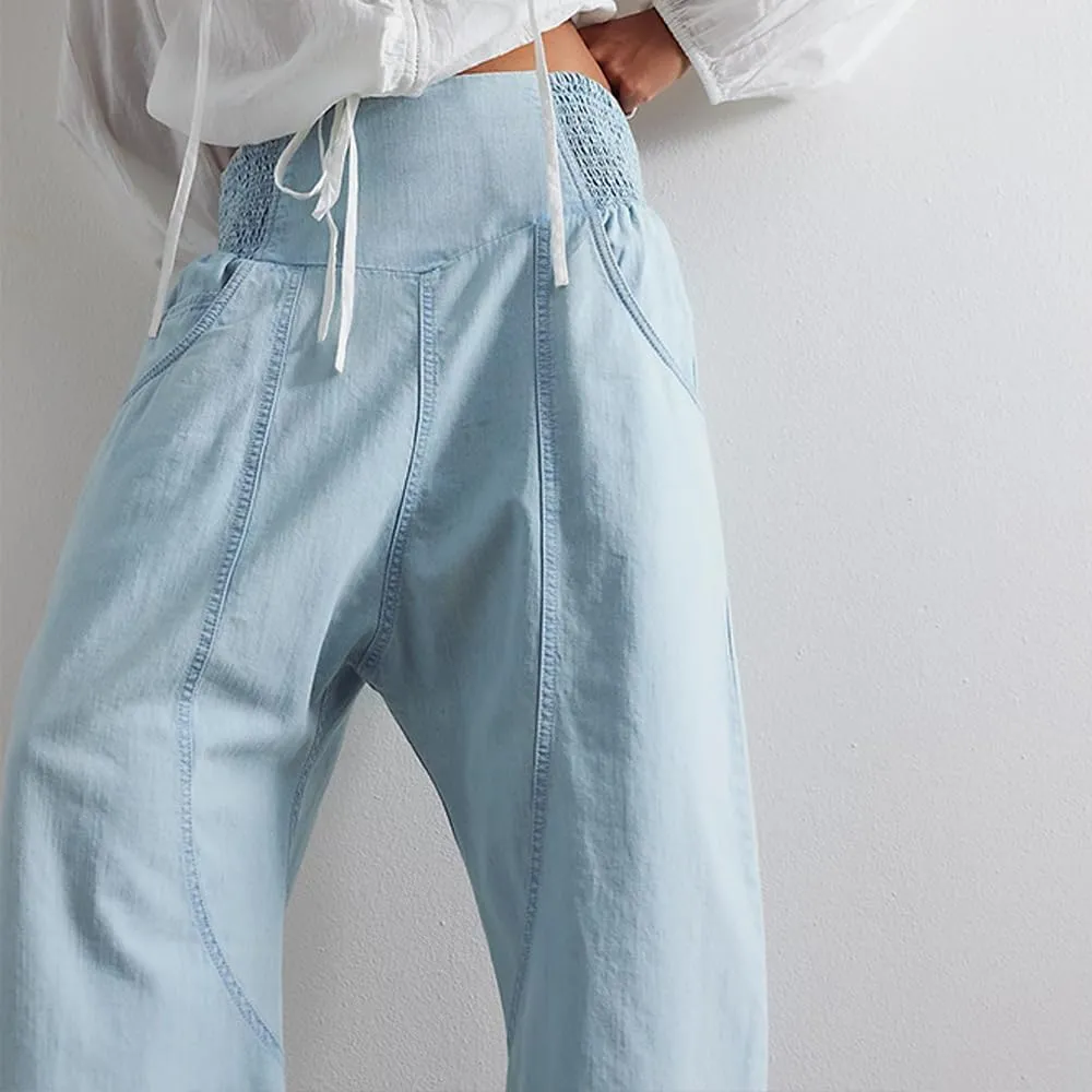 utcoco Womens Smocked Mid Rise Barrel Jeans Y2k Vintage Baggy Wide Leg Jeans Cropped Denim Harem Pants
