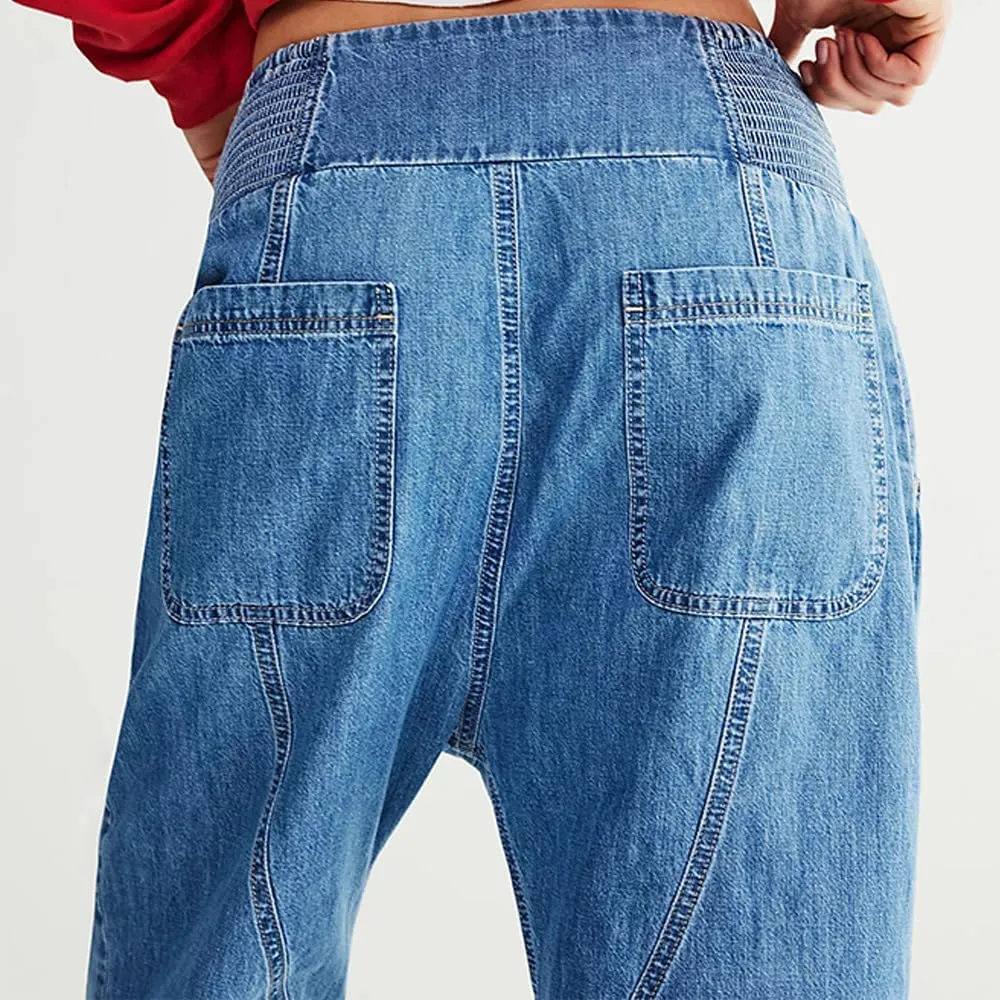 utcoco Womens Smocked Mid Rise Barrel Jeans Y2k Vintage Baggy Wide Leg Jeans Cropped Denim Harem Pants